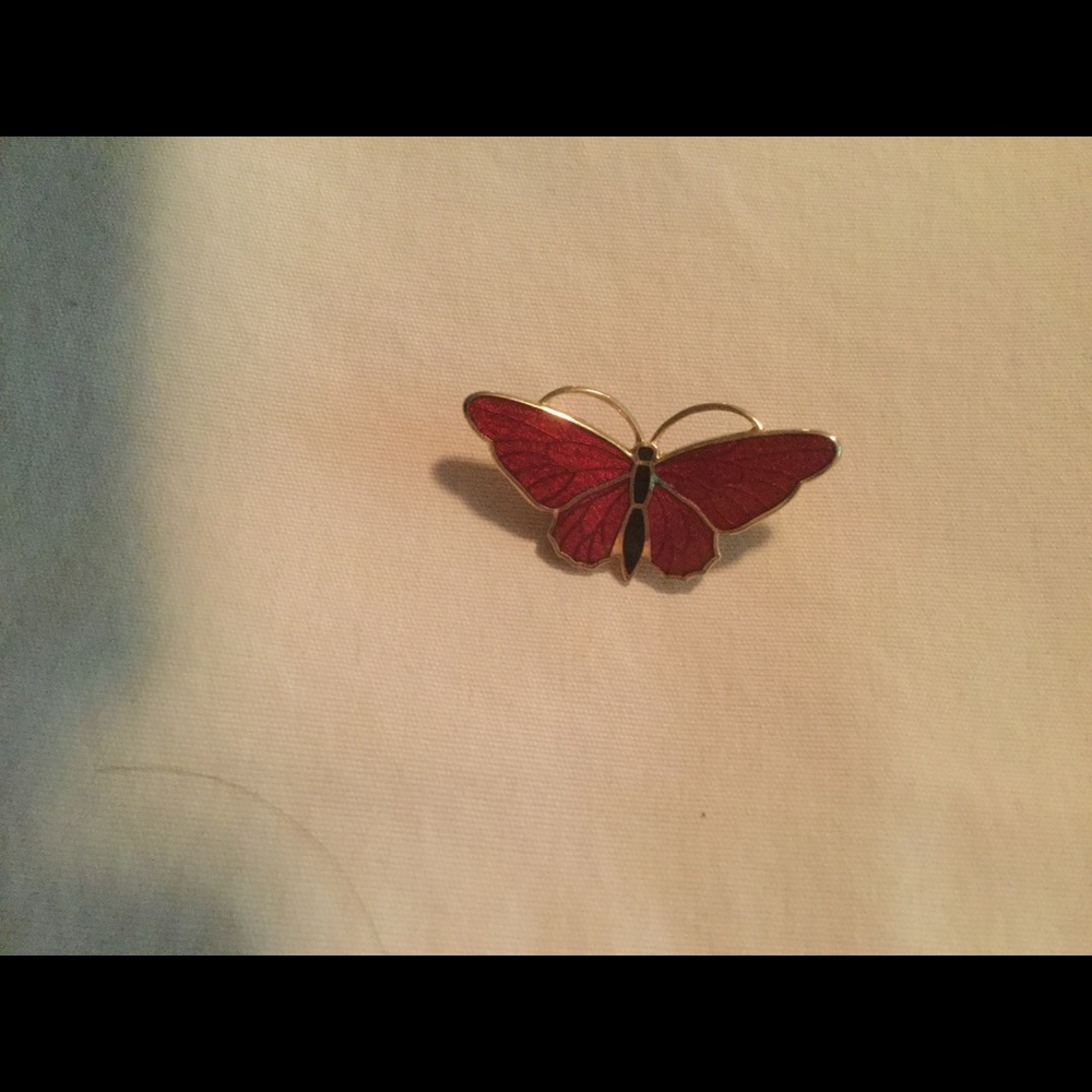 Red enamel butterfly pin. vintage